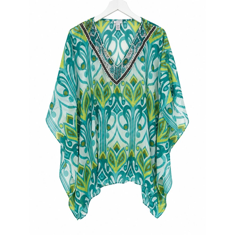 Chico’s S/M Sheer Kaftan Poncho Top Teal Green Beaded V Neck Boho